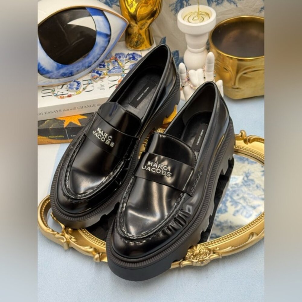 🆕 MARC JACOBS 🧿 NWOB The Frankie Logo-Plaque Platform Loafer, Black Sz 37 US7 - Picture 8 of 14